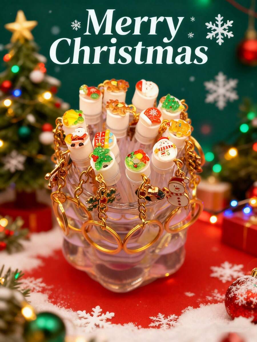 1/2/3/5件圣诞透明金属卡通图案钥匙扣圣诞图案节日睫毛刷眉刷便携管状睫毛刷带透明盒 - 彩色 - 查看 1