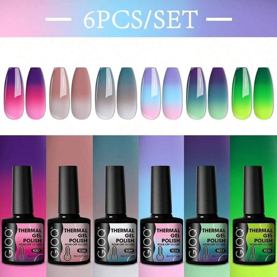 GJOQ 8ML Markdown  6PCS/SET Thermal Nail Gel Polish, Gradient Ramp Temperature Shiny Color Changing Gel Polish, Soak Off UV Sequins Gel Polish Nail Art Salon Manicure - Màu tím - Xem 1
