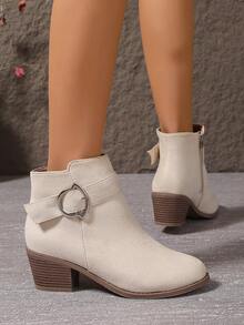 Beige Women's Boots With Strap Buckle Side Zipper Chunky Heel Mid-Heel Round Toe Comfortable Versatile Elegant Commute Daily Ankle Boots, Chelsea Boots - Beige - View 7