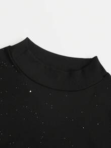 Black Sequin Mock Neck Long-Sleeve Slim Midi Dress For Women, Shiny & Seductive - Black - View 4