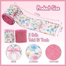 2 Rolls Pink Floral Wired Ribbon With Bow Pattern - 2.5 Inch Wide, 10 Yards Total, Elegant Wedding Decor, DIY Gift Wrapping, Craft Supplies, Shabby Chic Floral Bow Ribbon, Summer Decor,Pink - 粉色 - 查看 4