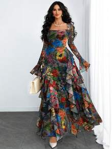 Women's Elegant Sexy Modern Luxurious Long Sleeve Y2K Romantic Ruffle Double Layer Printed Dress - Multicolor - View 2