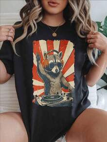 Raccoon Dj With Headphones And Sunglasses Women's Fashionable Print Casual T-Shirt Suitable For All Seasons
-Black - 黑色 - 查看 1