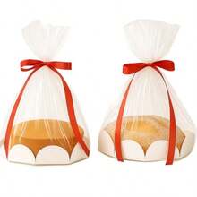 20 Pcs Christmas Clear Plastic Bake Bags With Red Ribbon 8 Inch Clear Cellophane Bags For Toast Bread Cookies Candy Chocolate Cake Christmas Gift Packaging Cake Tray And Gold Ribbon - 清紅金 - 查看 1