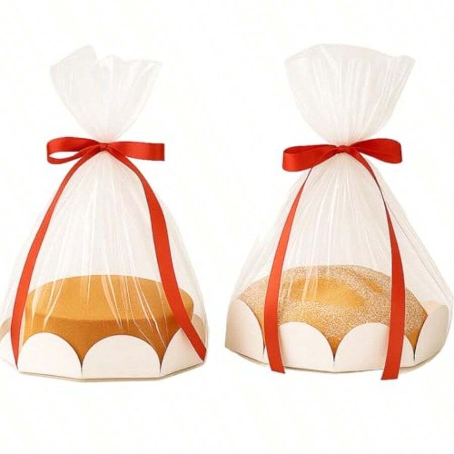 20 Pcs Christmas Clear Plastic Bake Bags With Red Ribbon 8 Inch Clear Cellophane Bags For Toast Bread Cookies Candy Chocolate Cake Christmas Gift Packaging Cake Tray And Gold Ribbon - 清紅金 - 查看 1