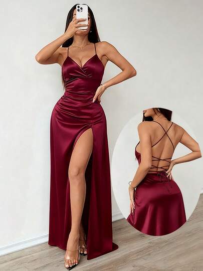 1 pieza Elegante y sexy vestido de satén de unicolor para fiesta con espalda descubierta, abertura alta asimétrica/irregular, lazo recortado, cordón y abertura en la espalda, adecuado para boda, fiesta de noche, gala formal, actuación en el escenario, baile de graduación, fiesta de cumpleaños, vacaciones, primavera/verano/otoño