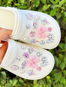 24pcs Silver & Pink Bow, Heart, Flower ABS Decorative Accessories, Suitable For Women Sandals, Slippers, Beach Bags Charms, Great For Holidays, Birthday Party Gifts - Silver Pink - View 3