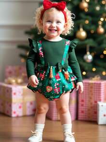 Baby Girl Christmas Ribbed Ruffle Bow & Santa Claus Print Triangle Bodysuit - Green - View 4