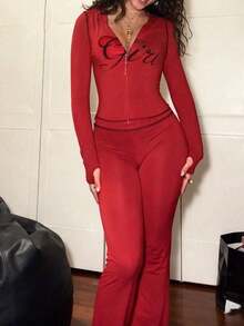 女士休闲印花“女孩”拉链连帽衫和长裤套装，街头风运动长袖两件套，适合派对和聚会穿着，春秋皆宜。 - 紅色 - 查看 2