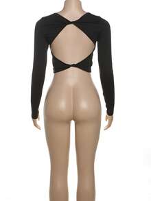 性感露背休闲短款上衣，修身罗纹圆领长袖衬衫 - 黑色 - 查看 3