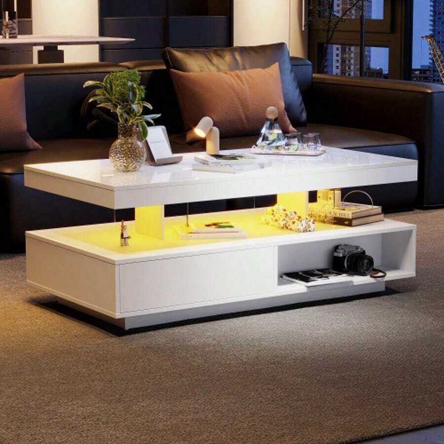 White High-Gloss Coffee Table 95x50x42.5 Cm - With 4 Glass Shelves, 2 Drawers And 2 Open Compartments, Living Room Cabinet, Coffee Table - White - View 1