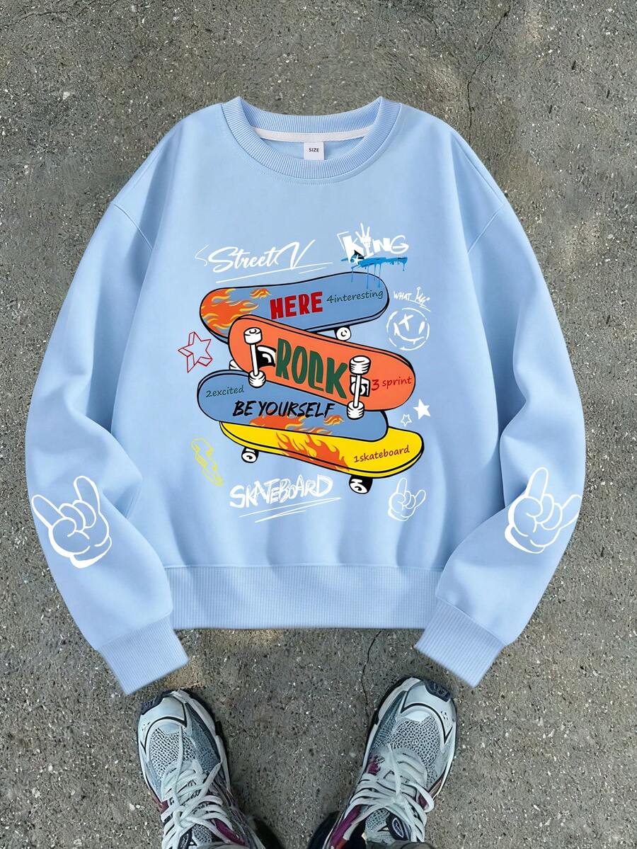 1件男童滑板风街头元素印花圆领卫衣，柔软舒适，春秋季日常休闲服 - 藍色 - 查看 1