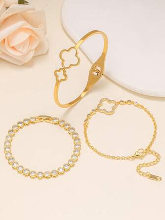 3 أساور من الفولاذ المقاوم للصدأ مرصعة بالزركونيا بتصميم البرسيم الأنيق للنساء، مناسبة للارتداء اليومي