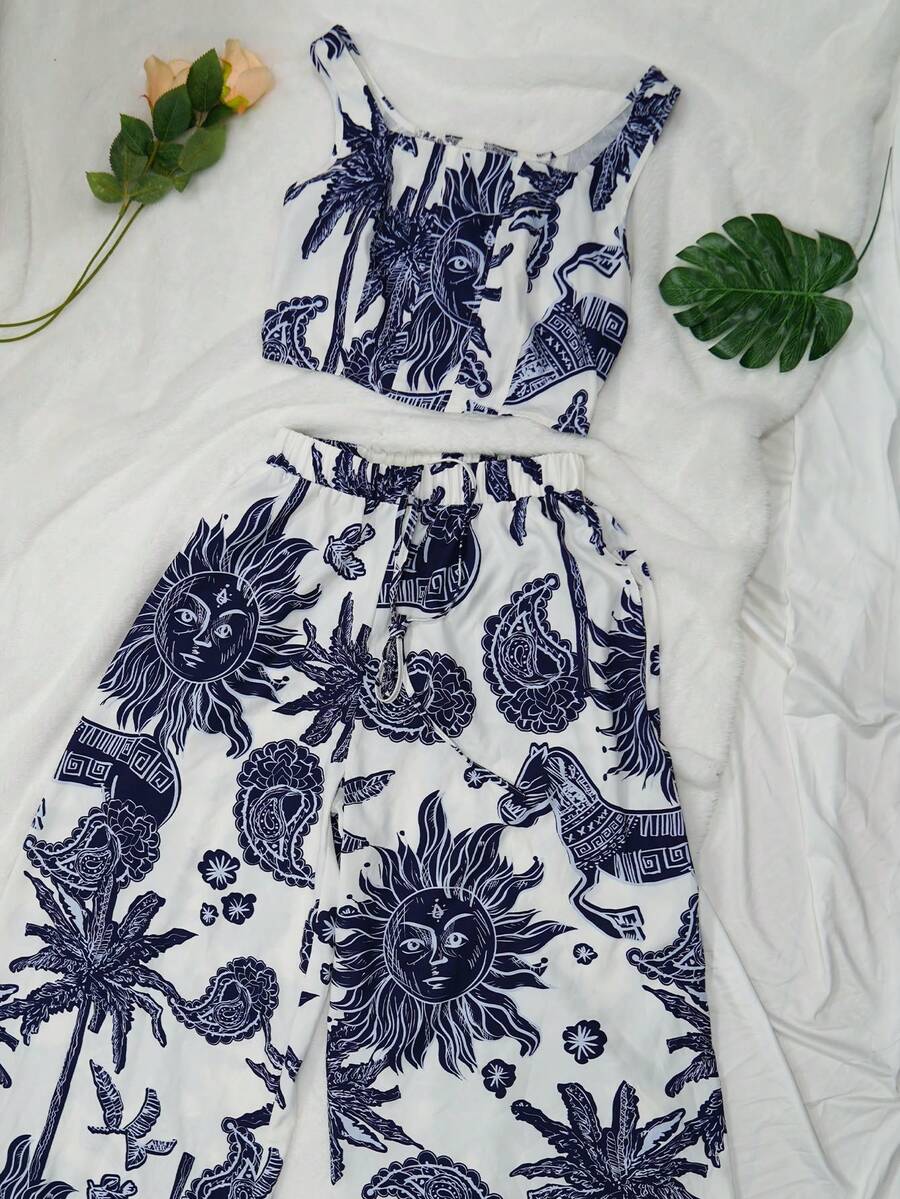 Bohemian Print Square Neck Sleeveless Tank Top And Elastic Waist Pocket Wide Leg Pants 2 Pieces Casual Holiday Outfit, Summer - Navy Blue - View 1