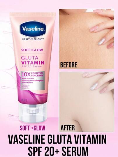 Vaseline Esencia de Vaselina con Glutatión y Vitamina SPF 20+, hidratación profunda y duradera, piel suave, SPF 20, absorción rápida, no grasosa, 10 veces talla grande potente, infundida con un complejo multivitamínico, protección solar, antienvejecimiento, reafirmante, aumento de la elasticidad de la piel, iluminadora, reducción de arrugas, apta para piel seca, envejecida, dañada por el sol, todo tipo de pieles, cuidado diario, rutina nocturna, reparación después del sol, base de maquillaje