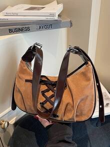 1个撞色仿麂皮单肩包，可调节简约斜挎包 - 卡其色 - 查看 5