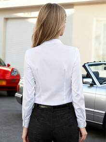 Petite Women White Long Sleeve Shirt, Professional Work Wear Blouse With Hidden Buttons, Spring/Autumn - White - View 11