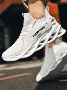 1 Pair Lightweight Elastic Breathable Running Shoes With Buckled Decorative Laces Front Lace-Up Sneakers, Random/Asymmetrical Pattern Woven Tape On Side