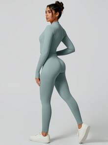 NcmRyu 3件套女士无缝修身立领双面拉链罗纹运动文胸、运动裤、长袖外套套装 - 薄荷藍 - 查看 6