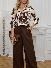 Whisplicity 1pc Plus Size Allover Leaf Print Contrast Color Button Front Woven Shirt, Suitable For Everyday, Festivals, Office, Home, Spring/Summer/Autumn