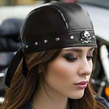 Icebanner WoMen's Punk Style Skull Cap - Black Studded Faux Leather Bandana Head Wrap With Metal Trim, Adjustable Biker Doo Rag For Motorcycle & Hip Hop Fashion, Hats For Women - 1pc - 查看 2