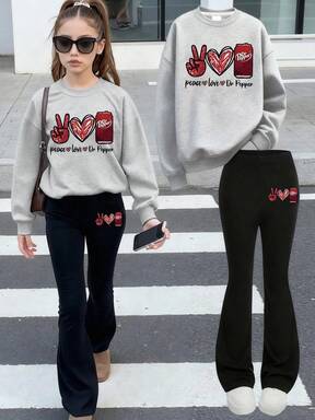 2pcs Teen Girl Casual Hand Gesture, Heart And Print Sweatshirt And Flared Pants Set, Soft And Comfortable, Spring & Autumn Daily Casual Wear