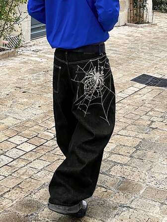 时尚街头嘻哈蜘蛛网刺绣直筒宽松阔腿男士牛仔裤