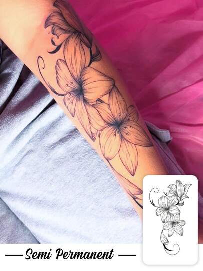 Lasts 7-14 Days. Herbal Plant-Based Temporary Tattoo Stickers, Black Ink, Fine Lines, Realistic Lily Flower Pattern, Suitable For Parties, Weddings And Special Events. Floral Temporary Tattoos, Party Accessories, Nature-Inspired Design Temporary Tattoo Stickers.