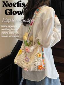 Retro Hand-Crocheted Crossbody Bag Bohemian Hollow-Out Floral Contrast Color Tote Bag Large Capacity Beach Bag Functional Boho Bag For Shopping Travel - 彩色 - 查看 3