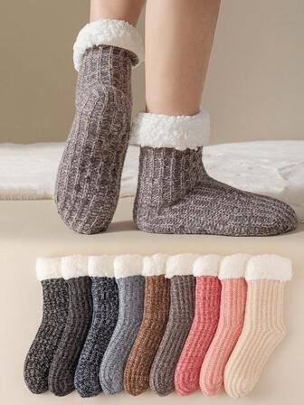 1 Pair Men's Thick Fleece Mid-Calf Socks, Multi-Color, Warm And Non-Shedding For Winter, Suitable For Home Wear