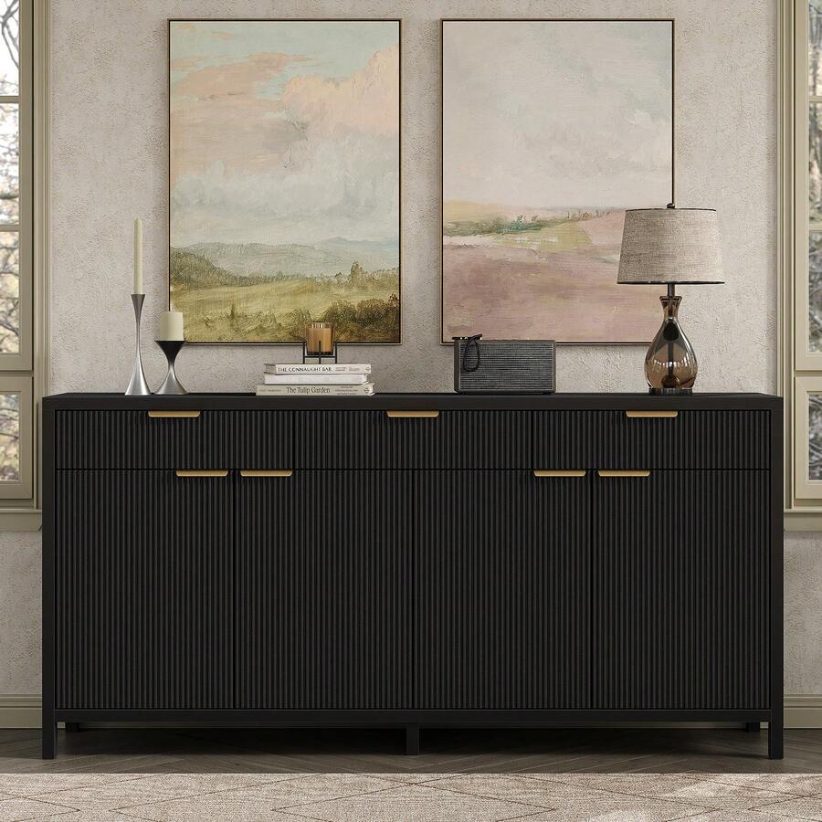 FUSOU Natural Mid-Century 66" Wide Fluted Buffet Cabinet – Sideboard With 3 Drawers, 2 Cabinets, Ideal For Living & Dining Room As Coffee Bar Storage - màu đen - Xem 1