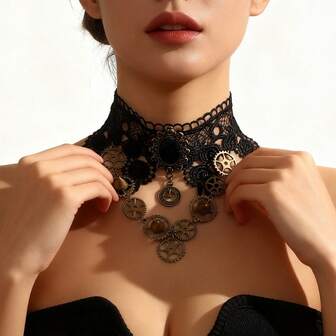 新款时尚朋克风齿轮项链，复古暗黑洛丽塔蒸汽朋克设计蕾丝项链，复古蝴蝶结手链组合套装