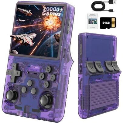 R36S Retro Handheld Games Console, 20,000+ Classic Games Portable Pocket Video Player With 3.5 Inch HD Screen, 64G TF Card, Open Source Linux System Screen For Teens And Adults (Purple 64G)