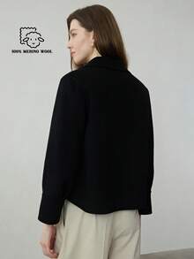 女款 100% 純美麗諾羊毛大衣，時尚素色前短後長雙面羊毛夾克，女款黑色風衣 - 黑色 - 查看 2