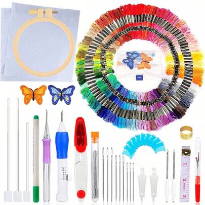1 Set de Kit de Bordado para Principiantes con Pluma Mágica, 50 Hilos Coloridos, Agujas - Juego de Manualidades de Punch Needle DIY para Principiantes, Diseño Floral (Color Aleatorio)