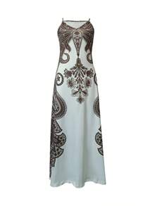Đầm maxi nữ cổ chữ V hai dây in họa tiết cổ điển, thích hợp cho mùa hè. - màu nâu - Xem 3
