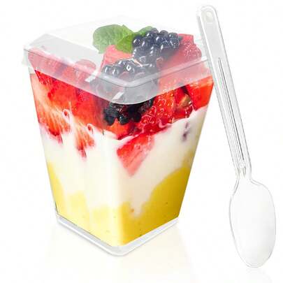 5oz Cup 25/50/100Pcs Square Plastic Cup Dessert Cups With Lids, Yogurt Parfait/Appetizer Cup With Lids For Party, Mini Dessert Cups With Spoons Dessert Shooter Cups For Pudding, Fruit And Ice Cream Wedding Party Gourmet Afternoon Tea Time