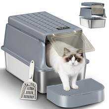 HEXCELEN Stainless Steel Cat Litter Box With Lid, XL Closed Metal Cat Litter Box, Cat Litter Box With Scoop And Step, Removable, 120° Hinged Lid, Easy To Clean, Dark Grey - 60 L x 40 B x 38,5 H cm - 查看 8