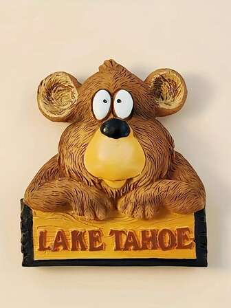 Imán de nevera decorativo con pegatina magnética de recuerdo de viaje del Lago Tahoe con un lindo oso marrón de dibujos animados en 3D