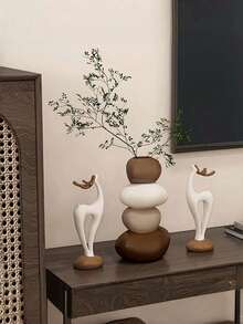 1pc Vase / A Pair Of Deer Ornaments, Modern Wabi-Sabi Style Home Decor (Stacked Stone Vase + Abstract Deer), Earth-Toned Minimalist Design - Geometric Vase-Themed Decoration. The Vase Is Not For Holding Water And Is Only Intended For Decorative Artificial Flowers. - Multicolor - View 4