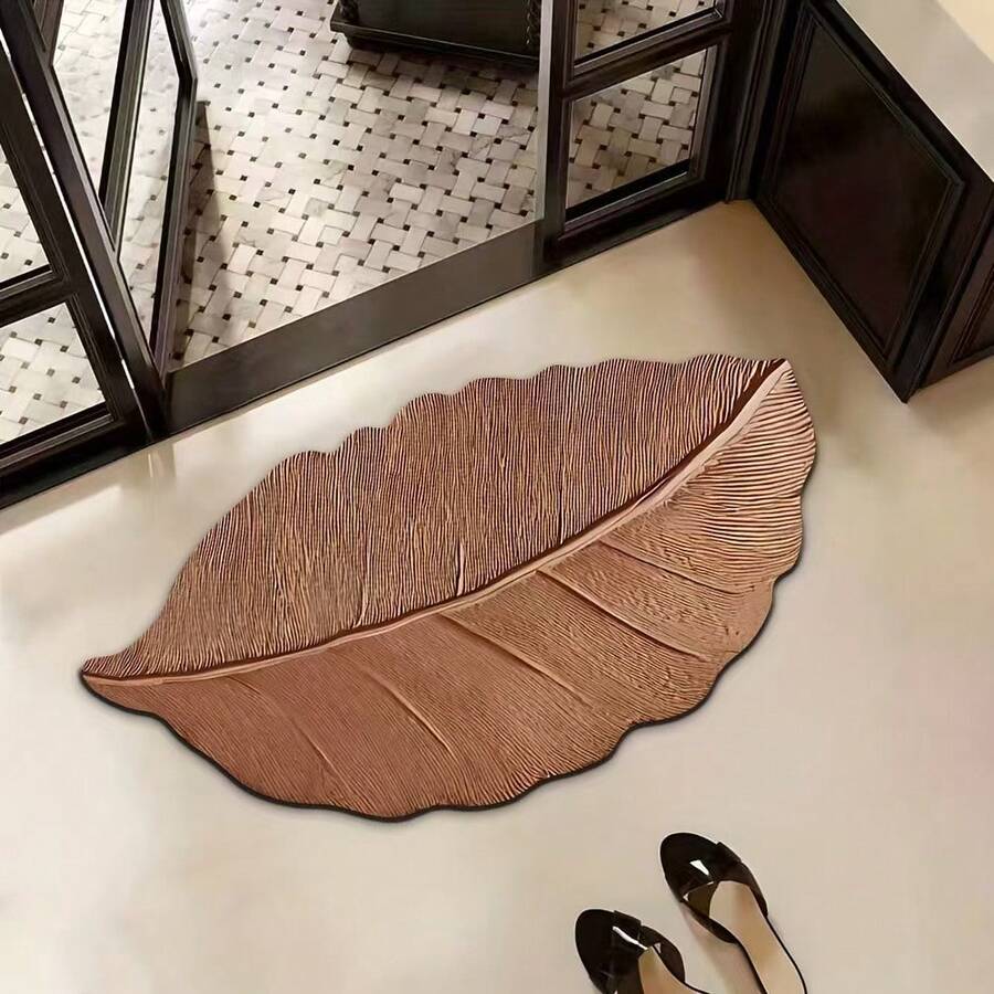 1pc Premium Gold Leaf Texture French Style Asymmetrical Shaped Carpet, Luxury Faux Leaf Rug, Minimalist Elegant Silicone Backing, Quick Absorbent, Suitable For Bathroom, Toilet, Entryway, Kitchen, Easy To Clean, Bath Mat (Handcrafted Asymmetric Pattern May Have 1-5cm Deviation, Suggest Ordering Larger Size)