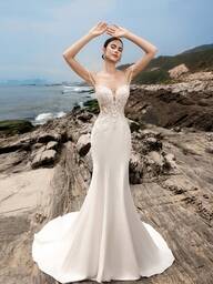 Elasola HEARBOBO Rochie de mireasă sirenă, fără bretele, albă, elastică, din dantelă florală, mozaic, pentru mireasă, cu trenă