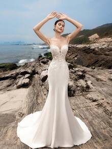 HEARBOBO Sexy Strapless White Floral Lace Patchwork Mermaid Wedding Dress With Train Spring - White - View 6