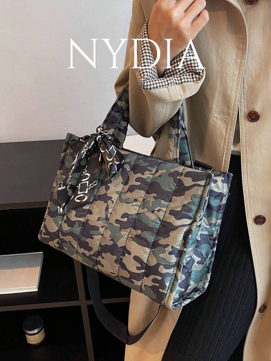 蝴蝶結裝飾迷彩印花twilly絲巾裝飾格紋手提包 - 彩色 - 查看 1