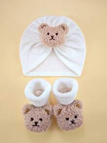 2件套新生儿冬季卡通发带帽+袜子套装，0-6个月宝宝高弹力帽子，柔软包裹帽和加厚袜子组合婴儿头饰套装 - 彩色 - 查看 4