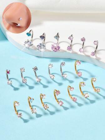 1 Pc Silver Gold Color Horseshoe Nose Ring Hoop With Double Round/Heart/Star For Women Stainless Steel Nose Rings Lip Rings Cartilage Earrings Tragus Helix Piercing Jewelry Daily Fashion Wear 18Gauge Diameter 8mm