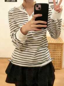 韩版条纹Polo领长袖修身休闲宽松T恤 - 黑與白 - 查看 1