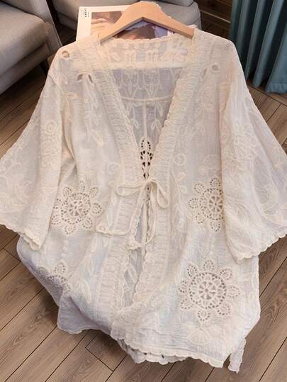 JIANHU Spring Summer Embroidered Hollow Out Top, V-Neck Tie Loose Design, Lightweight Elegant Versatile Outerwear