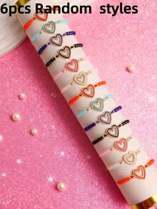 6Pcs/Lot Exquisite Fashion Cute Sweet Girls Boys Bracelets With Rhinestones Acrylic Beads Adjustable Drawstring Styles Birthday Party Children's Day Gifts Daily Wearing Accessories Random Styles - 6 Rhinestone Heart Drawstring Bracelet - View 8