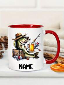 Personalized Fishing Mug With Customizable Name And Text, Fun Jumping Fish Pattern, Insulated Ceramic Coffee Cup With Black Handle, 7 Colors Available, Dishwasher Compatible, Mugs For Men - Multicolor - View 6